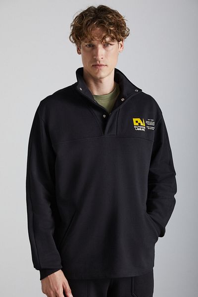 GRIMELANGE Galıcıa Men's Diagonel Fabric Stand Collar Snap Closure Printed Black Sweatshirt