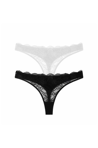 Dominant Lace Detailed Cotton Women's Thong Panties 2 Pack. Black-White