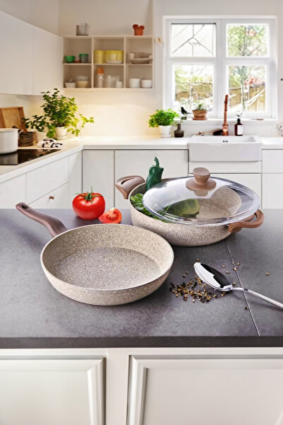 LAVONNI 26 cm 3 Parça Granit Tencere Seti Krem