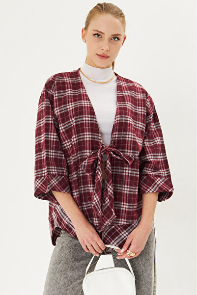 armonika Women's White-Burgundy Front Tie Plaid Kimono Shirt Arm-25K 001017
