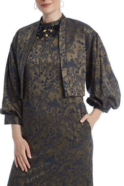 SERPİL Desenli Brokar Kumaş Taş Işlemeli Tüylü Midi Boy Camel Ceketli Elbise Takım 38883