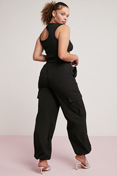 ETHIQUET Avalonbb Women's - Elastic Waist and Leg, Stopped Cargo Pocket Black Plus Size Trousers