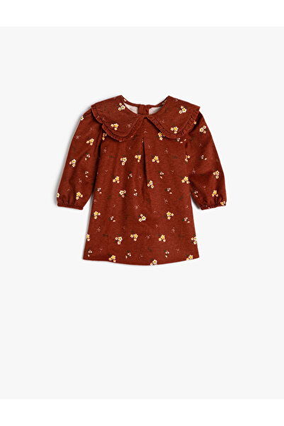 Koton Dress with Floral Print, Baby Collar, Long Sleeves, Ruffle Detail, Cotton