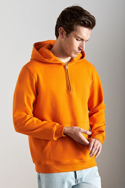GRIMELANGE Cancel Men's Cotton Hooded Zipper Collar Orange Sweatshirt