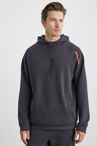 GRIMELANGE Malagos Men's Fleece Inside Soft 3 Thread Raster Regular Hooded Anthracite Sweatshirt