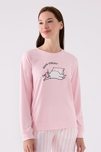 Arnetta Yuvarlak Yaka Kedi Baskılı Pembe Uzun Kol Pijama Takımı