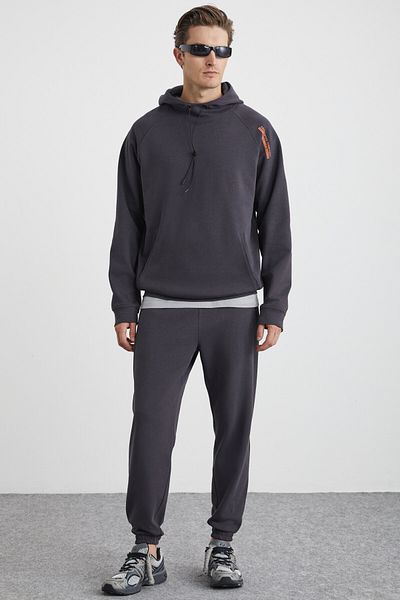GRIMELANGE Malagos Men's Fleece Inside Soft 3 Thread Raster Regular Hooded Anthracite Sweatshirt