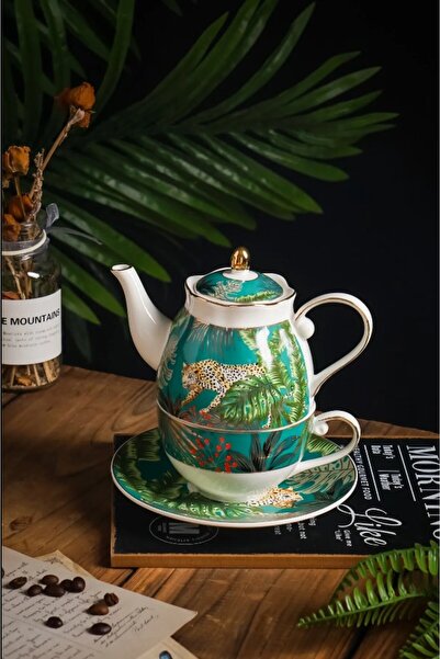 Tasarım Evi Forrest 4 Parça Orman Desenli Çay Ve Kahve Fincanı + Porselen Demlik Seti