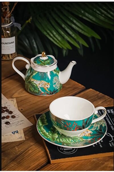 Tasarım Evi Forrest 4 Parça Orman Desenli Çay Ve Kahve Fincanı + Porselen Demlik Seti
