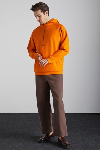 GRIMELANGE Malagos Men's Fleece Inside Soft 3 Thread Raised Regular Hooded Orange Sweatshirt