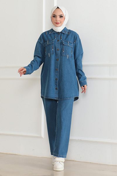 Modamihram Blue Jeans Set with Pockets and Stone Detail 19207