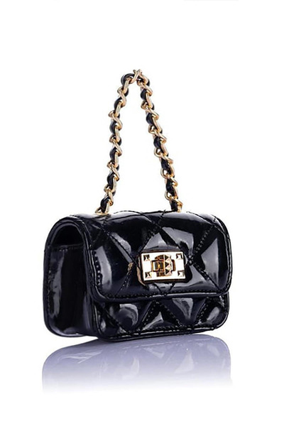 Nas Bag حقيبة يد ومحفظة صغيرة مبطنة - تفاصيل سلسلة، جلد أسود لامع