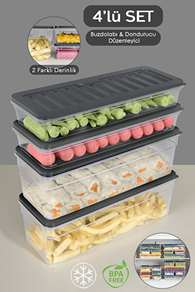 Meleni Home 4'lü Buzdolabı Organizer Set Düzenleyici Saklama Kabı Derin ve Sı...