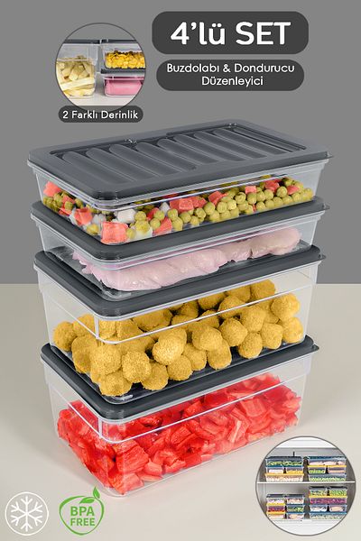 Meleni Home 4-Piece Anthracite Refrigerator Organizer Set - Deep and Shallow Microwave Freezer Container