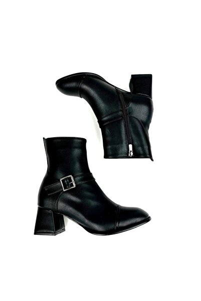 MRVN MERVINA Kadın Siyah Cilt Orta Boy Topuklu Bot Aby