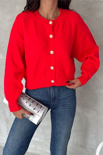 FEMELLE Women's Pomegranate Standard Size Pearl Button Short Knitwear Cardigan