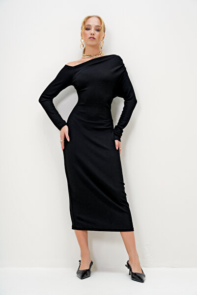 Trend Alaçatı Stili Γυναικείο μαύρο φόρεμα με ντραπέ ώμου με λαιμόκοψη ALC-X13040