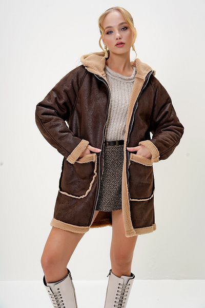 Trend Alaçatı Stili Brown Plush Suede Coat - Hooded and Bag Pocket, Alc-X13034