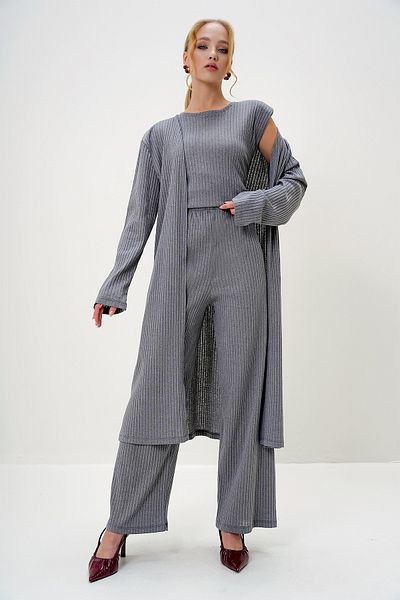 Trend Alaçatı Stili Women's Gray Shoulder Padded Crew Neck Blouse Trousers and Cardigan Set Alc-X4710-Rv