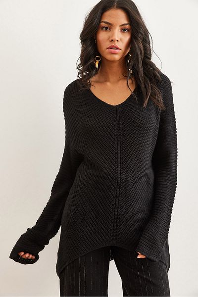 Olalook Pulover negru cu decolteu în V pentru femei - KZK- 19000867