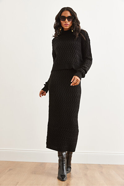 Olalook Women's Black Hair Braid Bottom Top Knitwear Set Tkm- 19000315