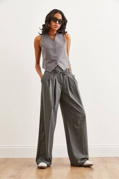 Olalook Geräucherte Polyviscon-Hose für Damen – plissierte Details, Schnürtasche, weites Bein PNT- 19000300