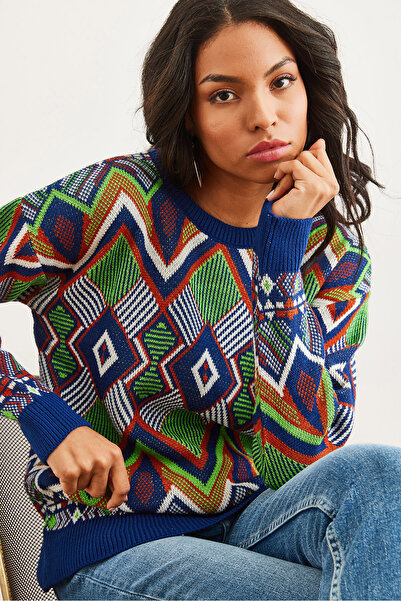 Olalook Navy Blue Rug Patterned Women's Knitwear Sweater - Kzk- 19000869