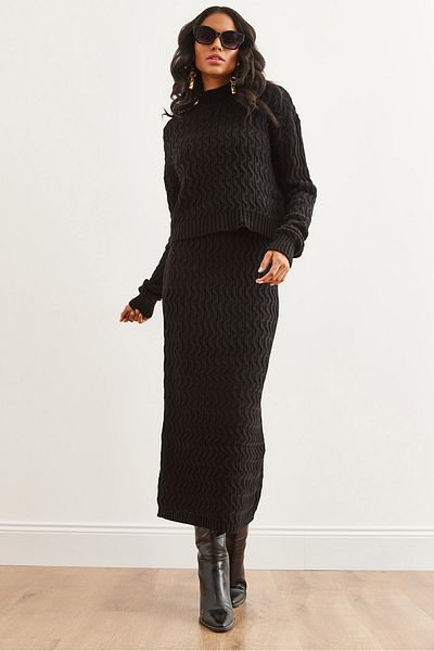 Olalook Women's Black Hair Braid Bottom Top Knitwear Set Tkm- 19000315