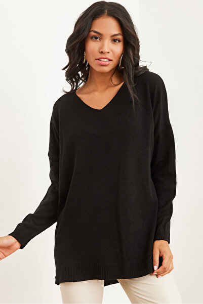 Olalook Černý svetr s výstřihem do V - Kzk- 19000868
