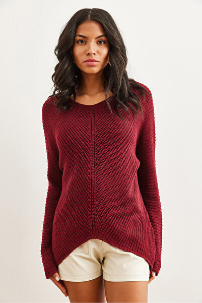 Olalook Kadın Bordo Verev Örgülü V Yaka Selanik Kazak KZK-19000867