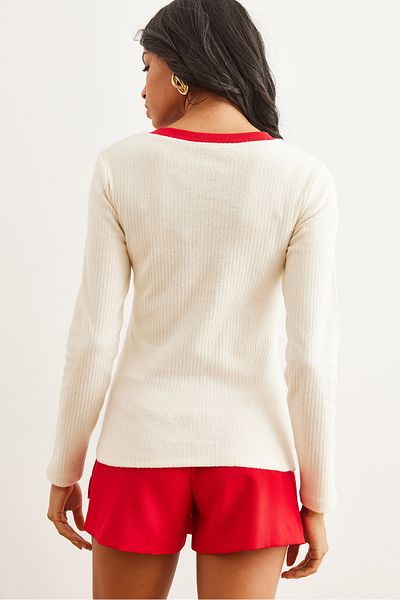 Olalook Women's Ecru Red Collar Detailed Ribbed Lycra Blouse Blz- 19002746