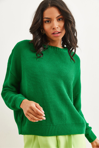 Olalook Women's Green Crew Neck Links Knit Knit Sweater Kzk- 19000870