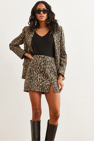 Olalook Leopard Stone Damen-Minirock mit Reißverschluss und Schlitz ETK- 19000283