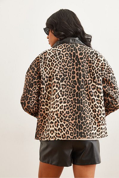 Olalook Dámský hnědý kamenný kožený límec kapsa Leopard Gabardine Jacket Ckt- 19000401