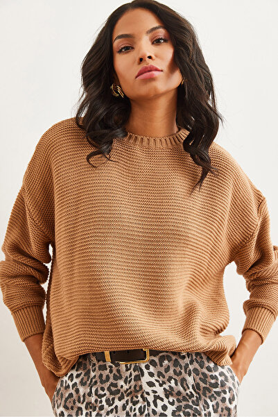 Olalook Dámsky pletený sveter Camel Crew Neck Kzk- 19000870