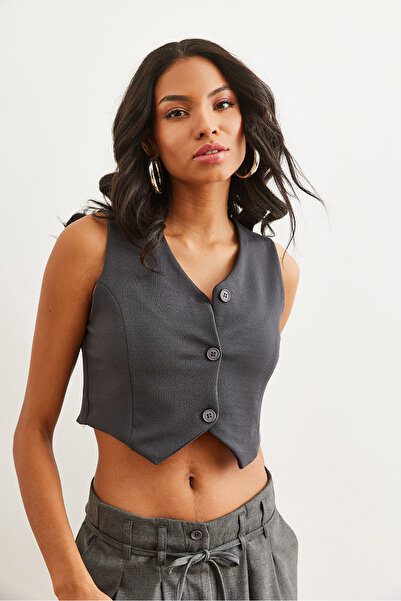 Olalook Women's Smoked Buttoned V-Neck Crop Knitted Vest Ylk- 19000042