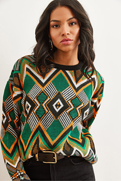 Olalook Black Rug Patterned Women's Knitwear Sweater - Kzk- 19000869