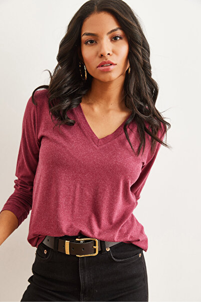 Olalook Kadın Gül Kurusu V Yaka Yün Viskon Dökümlü Bluz BLZ-19002729