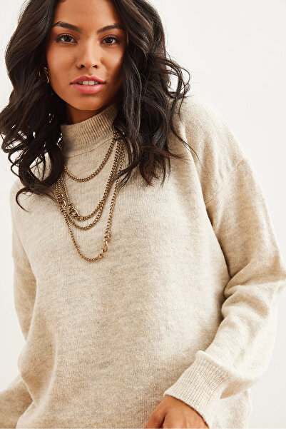 Olalook Kadın Taş Yarım Balıkçı Bol Kesim Triko Kazak KZK-19000875