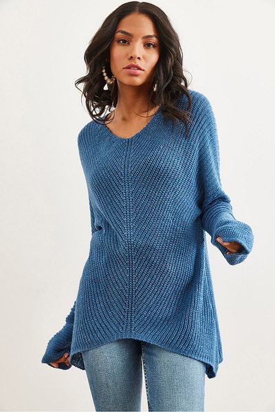 Olalook Indigo V-Neck Bias Knitted Women's Sweater - Kzk- 19000867
