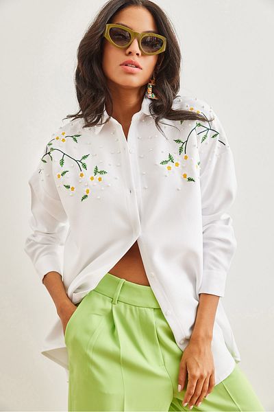 Olalook Biała haftowana - wełniana koszula zimowa oversize Gml- 19001159