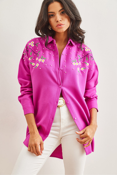 Olalook Γυναικείο χειμωνιάτικο πουκάμισο με φούξια κέντημα και μαργαριταρένιο μάλλινο εφέ - GML- 19001159