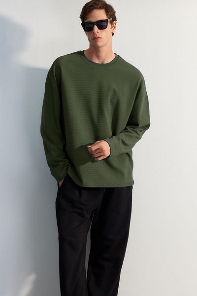 Trendyol Collection Φούτερ από βαμβακερό εμπριμέ, χακί χρώματος Oversize - TMNAW24SW00073