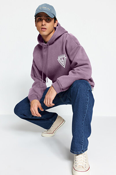 Trendyol Collection Μωβ 100% βαμβακερή κουκούλα Oversize/Wide Fit College εμπριμέ φλις φούτερ TMNAW24SW00063
