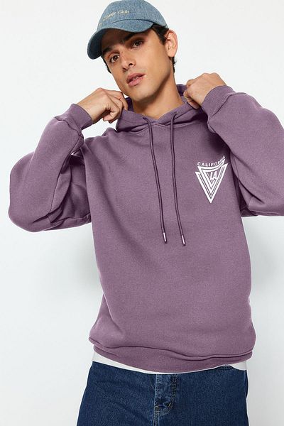 Trendyol Collection Μωβ 100% βαμβακερή κουκούλα Oversize/Wide Fit College εμπριμέ φλις φούτερ TMNAW24SW00063