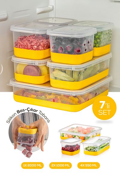 Vienev 7 Pieces Yellow Freezer Storage Container with Silicone Base - Deep Freezer