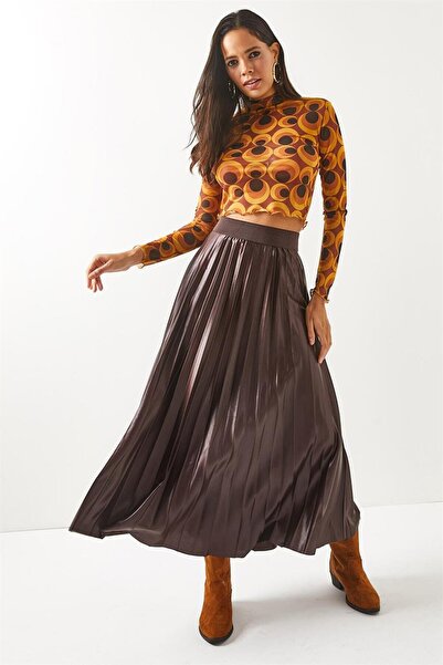 Olalook Дамска плисирана пола тип камбана в горчив кафяв цвят на кожата ETK-19000233