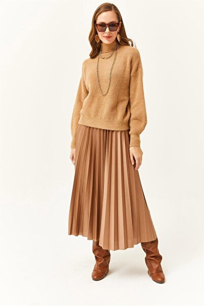 Olalook Дамска плисирана а-силуетна пола с визия на кожа от норка ETK-19000233