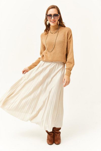 Olalook Women's Stone Leather Look Pleated A-Line Skirt ETK-19000233