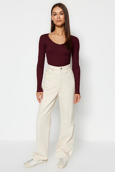 Trendyol Collection Burgundy-Stone 2-Pack V-Neck Fitted/Fitted Cotton Stretch Knitted Blouse Twoaw24Bz00068